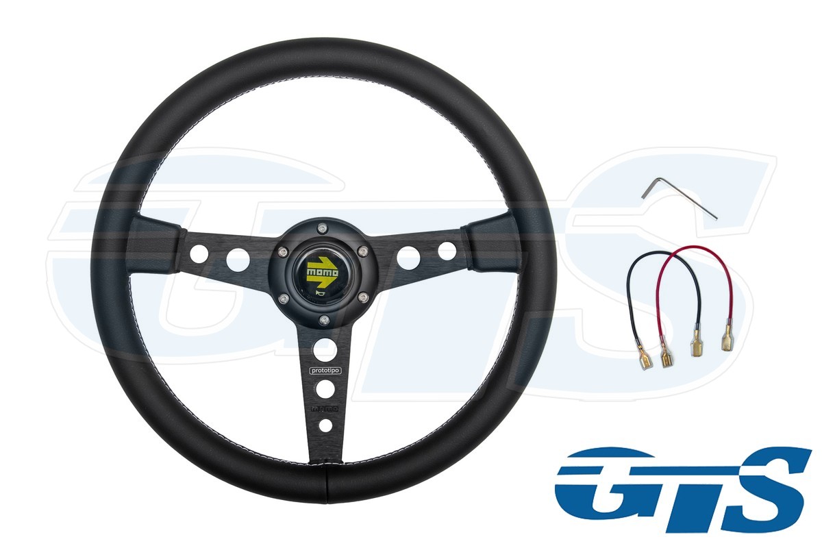 Руль MOMO кожа, черный, ступица черная (нить белая, плоской формой)