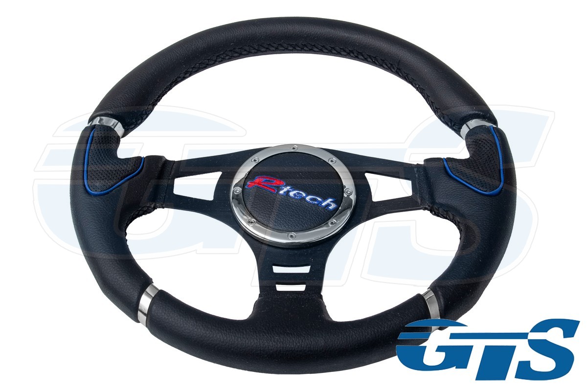 Руль Rtech черный, кожа (64 синяя вставка)