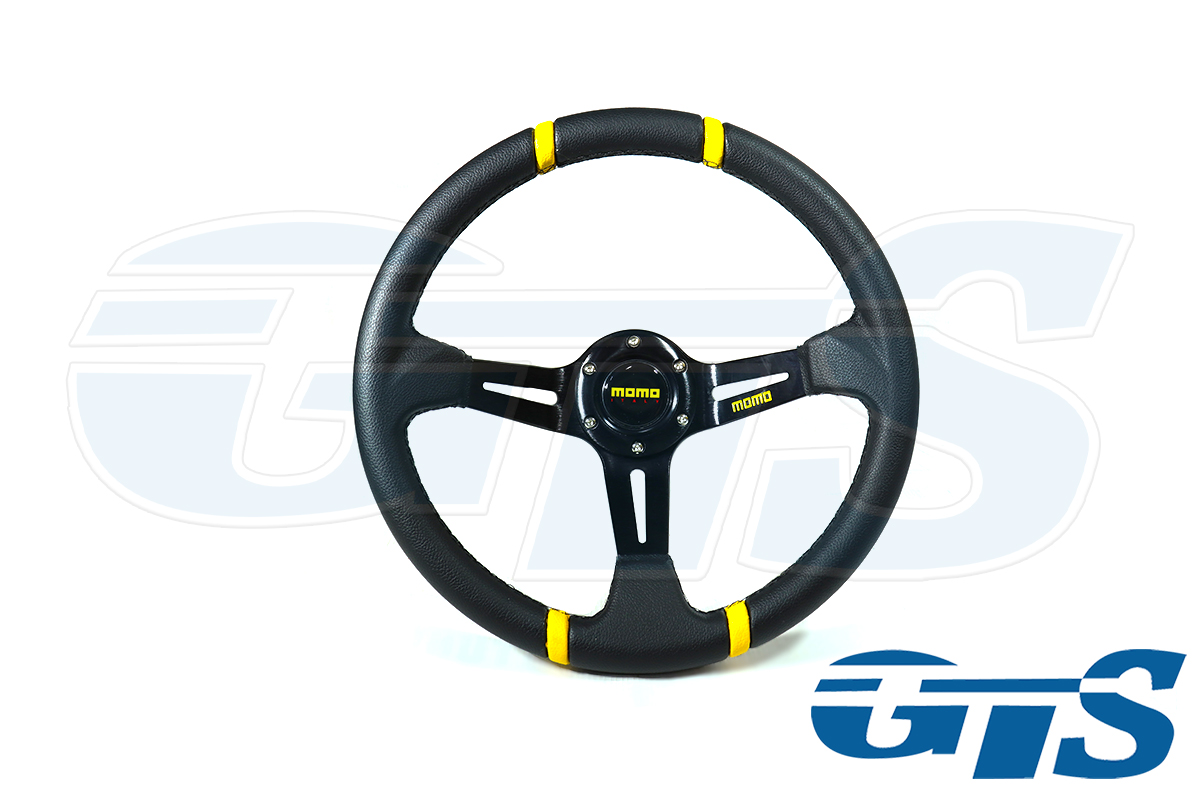 Руль МОМО кожа, черный, большой вылет (желтые вставки)