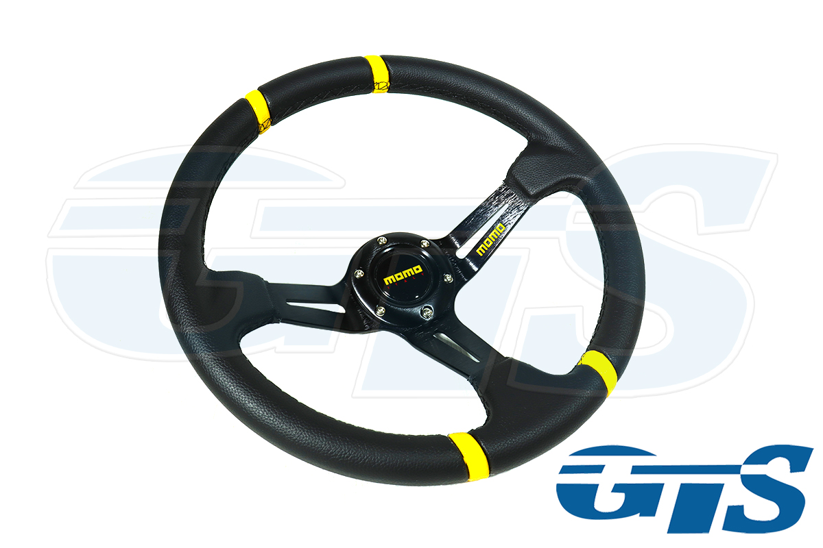 Руль МОМО кожа, черный, большой вылет (желтые вставки)