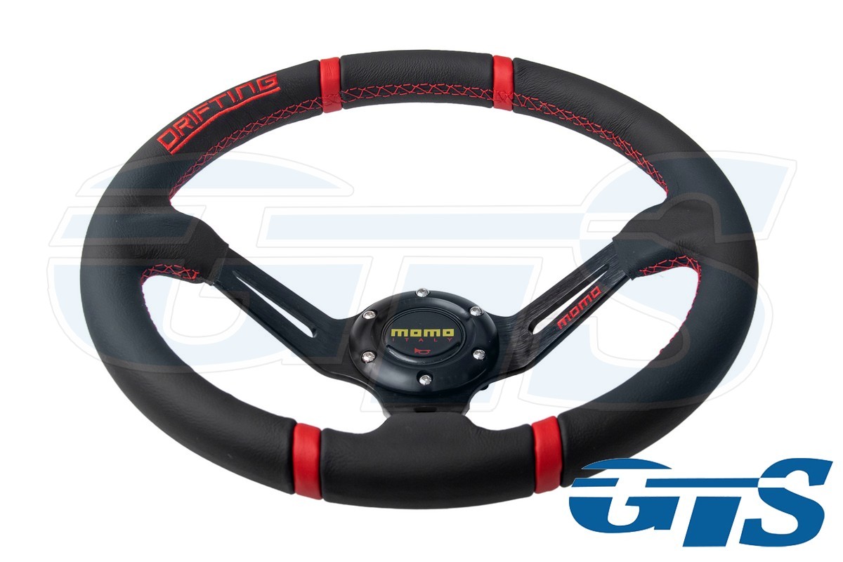 Руль МОМО кожа, черный (вышивка DRIFTING, красные вставки)