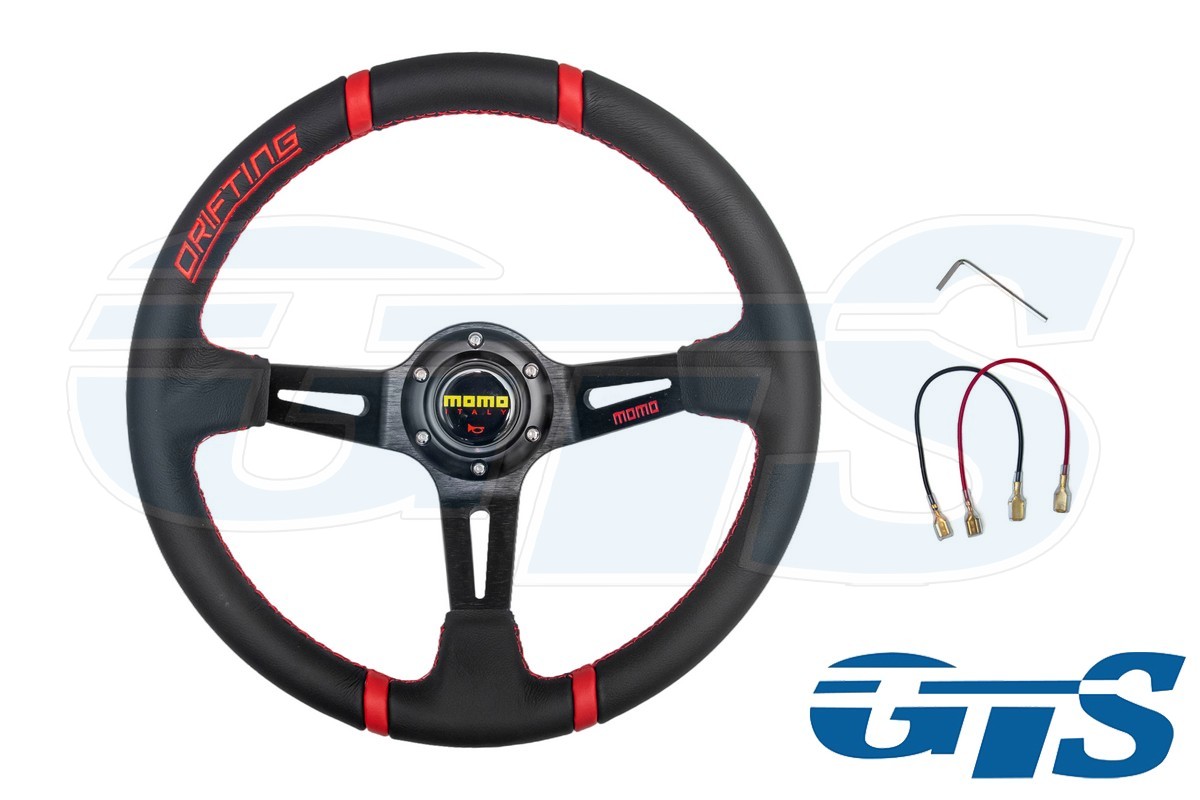 Руль МОМО кожа, черный (вышивка DRIFTING, красные вставки)