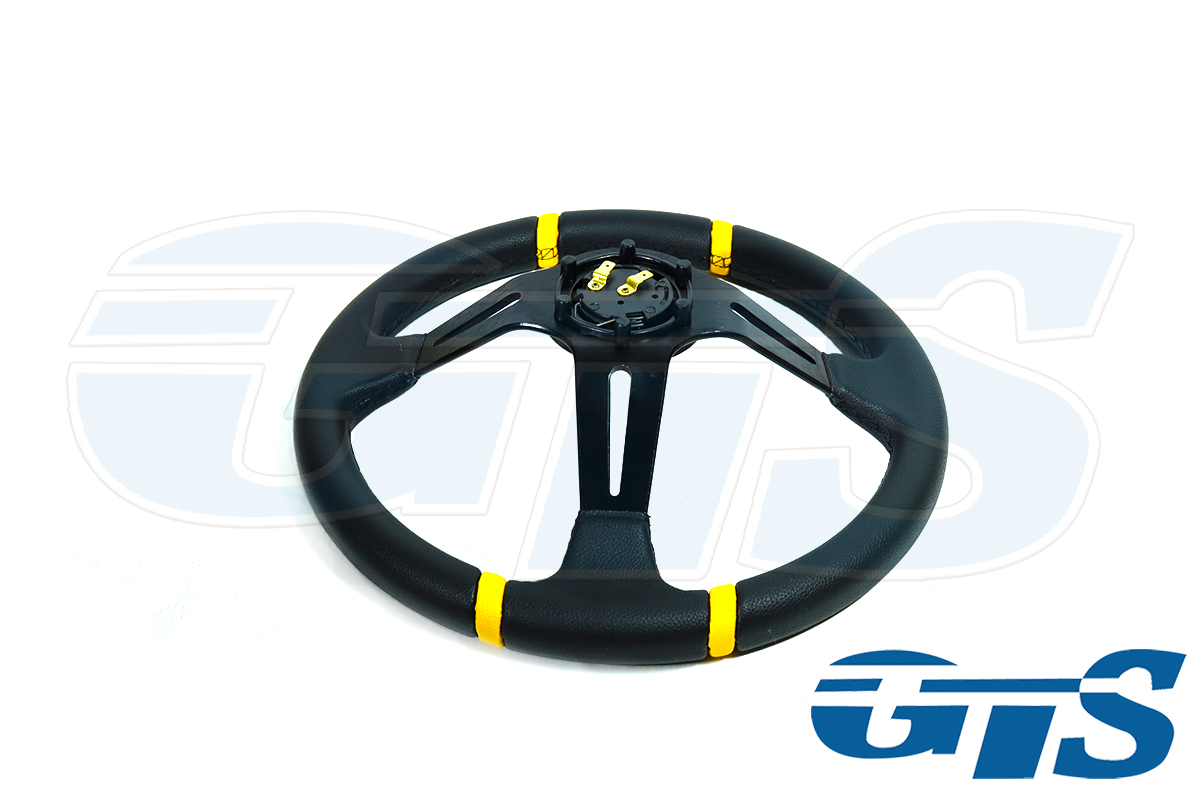 Руль МОМО кожа, черный, большой вылет (желтые вставки)