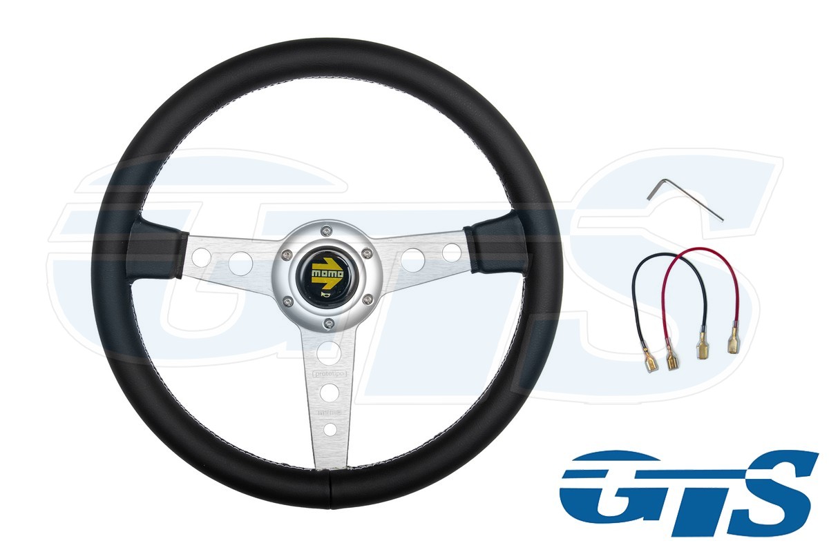 Руль MOMO кожа, черный, ступица хром ( нить белая, плоской формой)